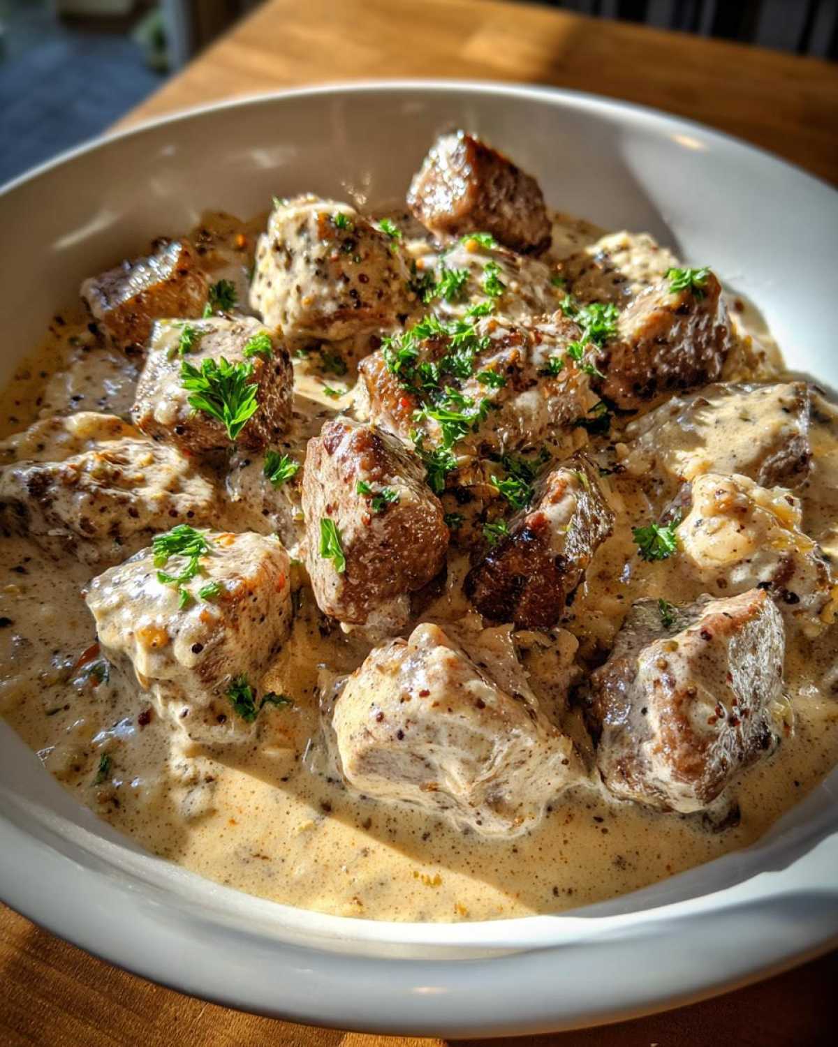 Close-up of Keto Creamy Peppercorn Steak Bites smothered in a rich, creamy sauce and garnished with parsley.