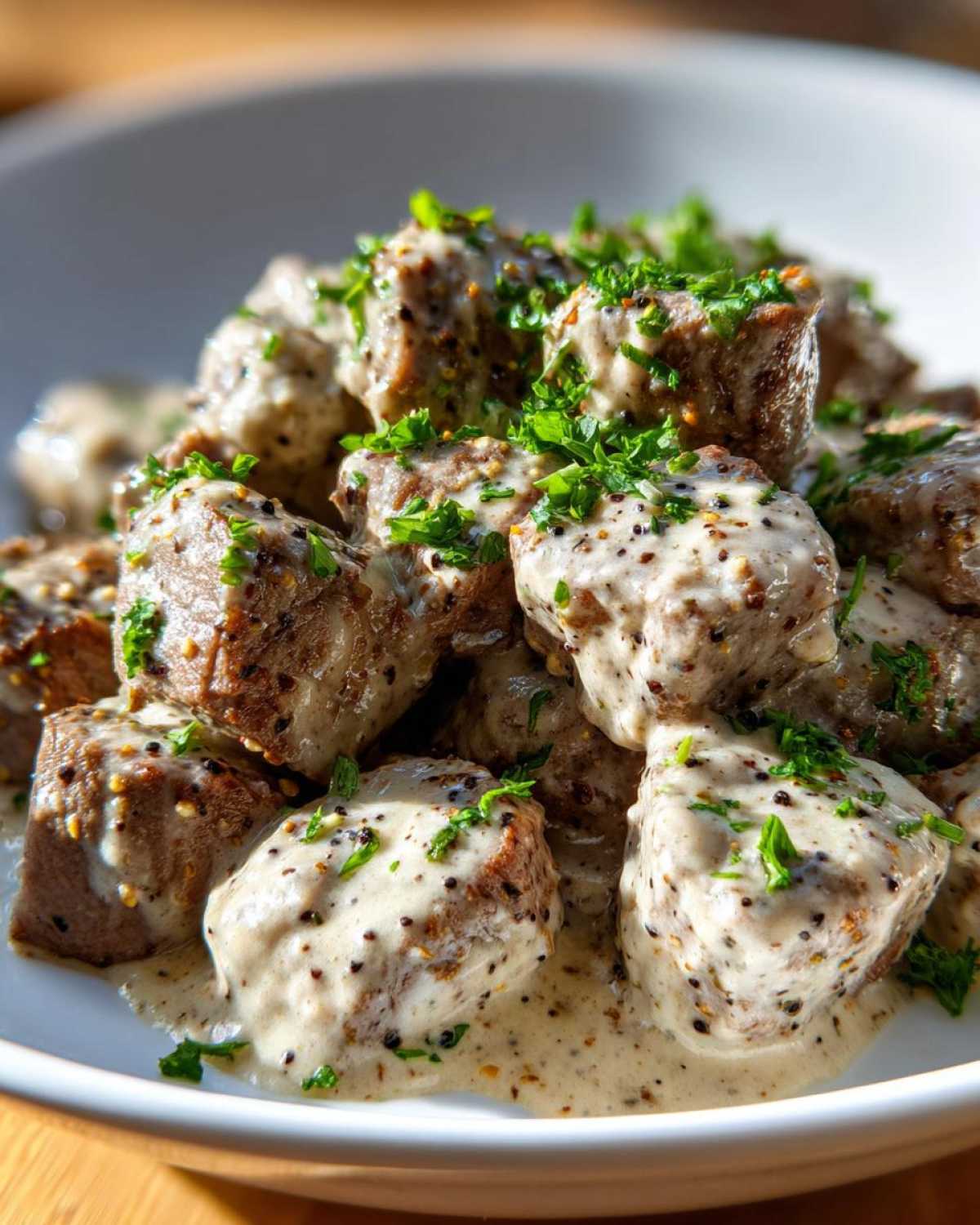 Close-up of Keto Creamy Peppercorn Steak Bites covered in a rich, speckled cream sauce and garnished with parsley.