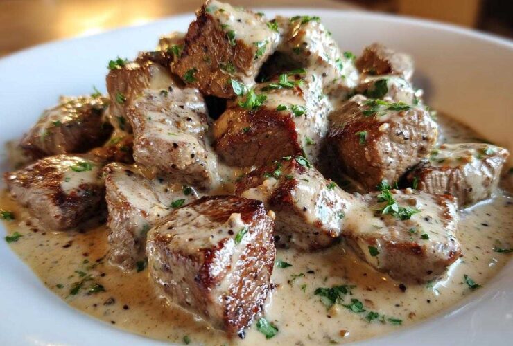 Close-up of seared Keto Creamy Peppercorn Steak Bites smothered in a rich, creamy sauce and garnished with parsley.