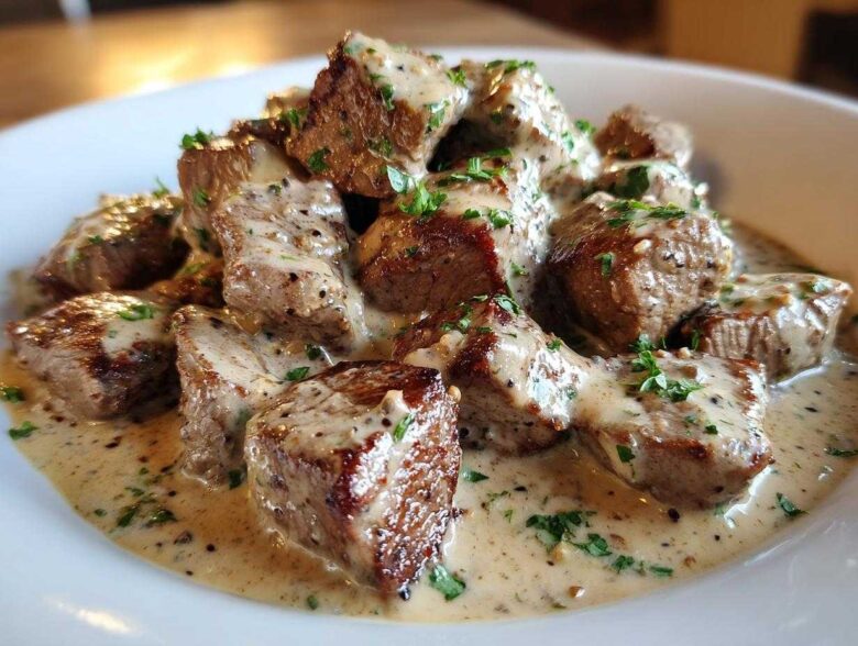 Close-up of seared Keto Creamy Peppercorn Steak Bites smothered in a rich, creamy sauce and garnished with parsley.