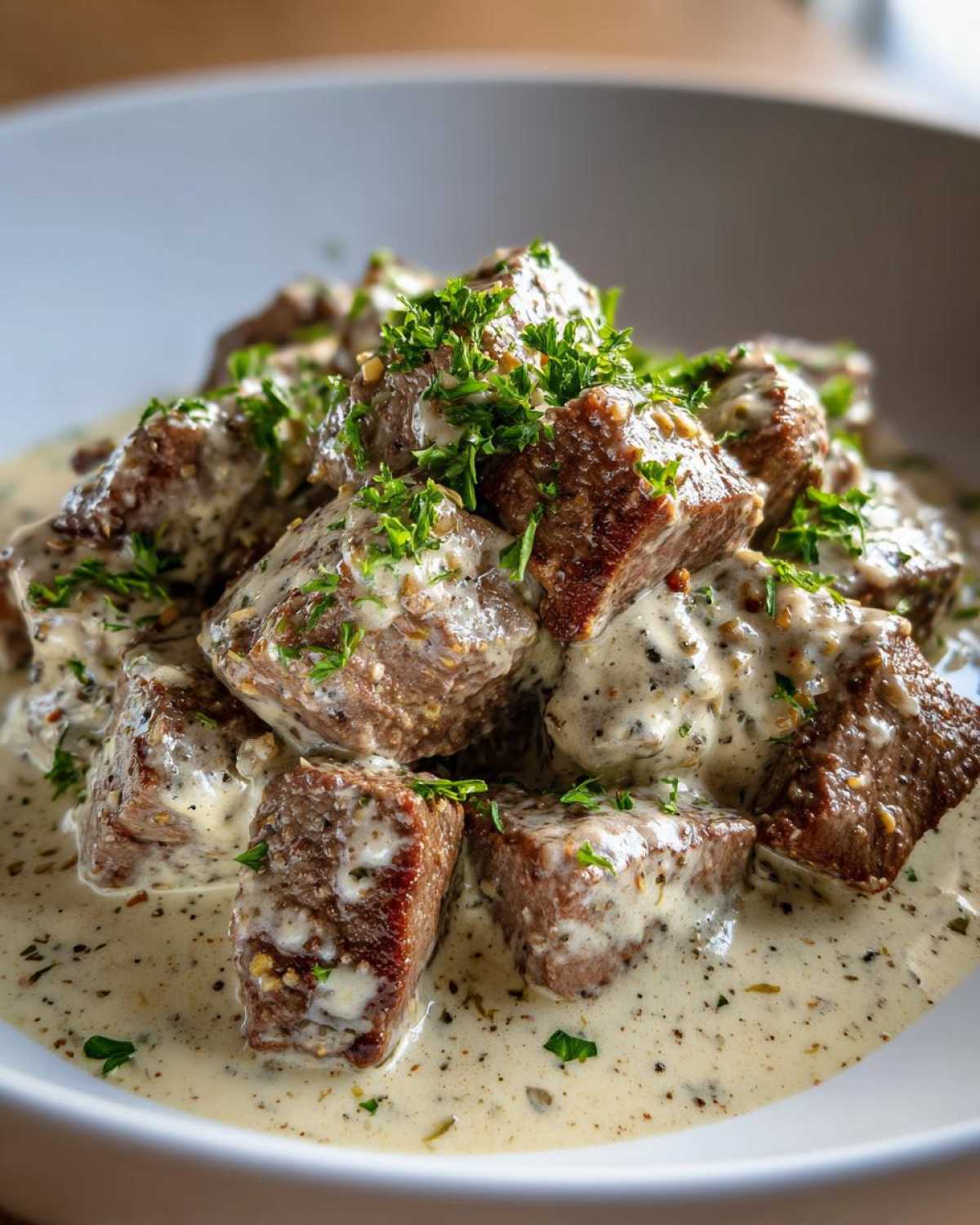 Close-up of Keto Creamy Peppercorn Steak Bites smothered in a rich, creamy sauce with visible peppercorns and parsley.