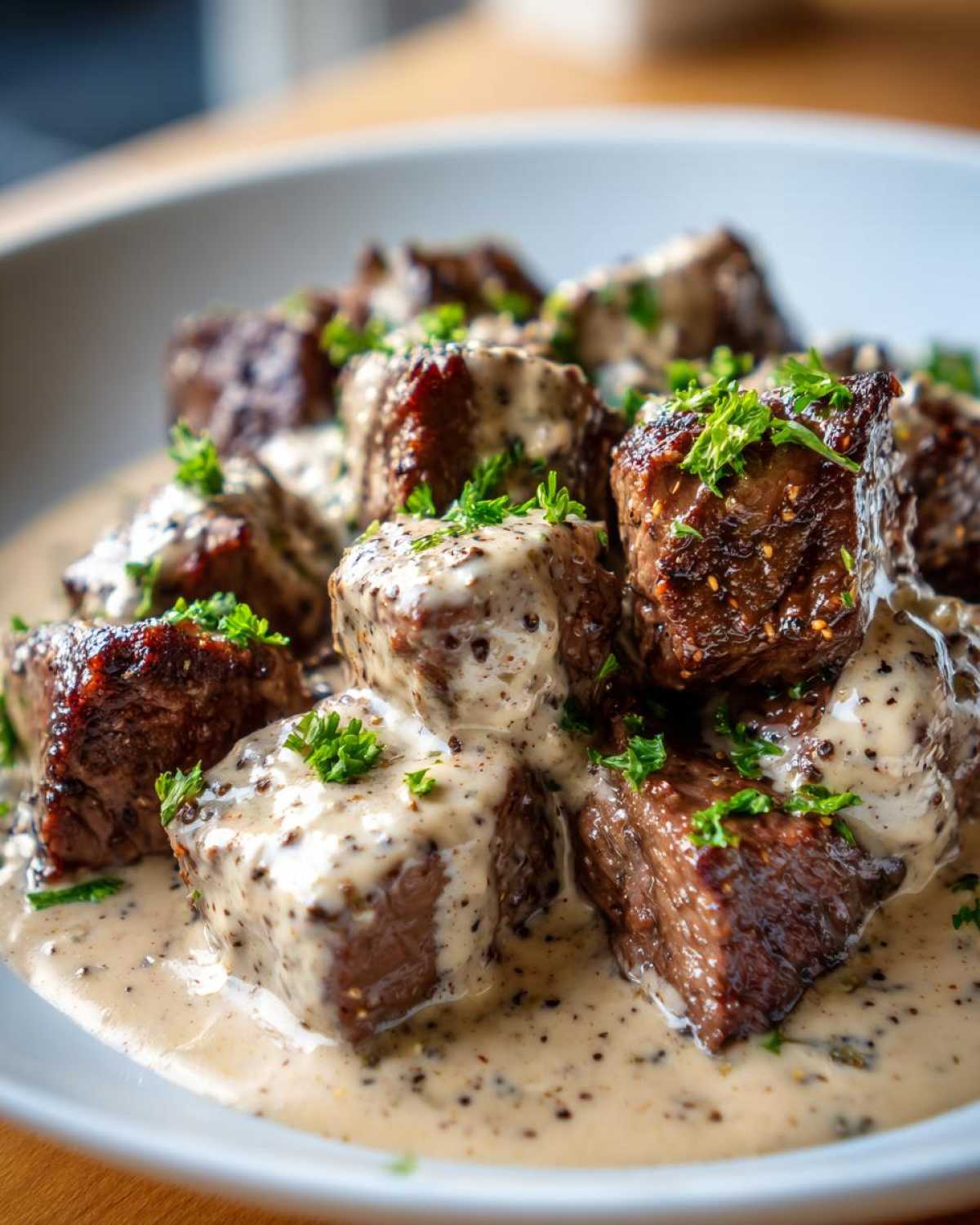 Close-up of seared Keto Creamy Peppercorn Steak Bites smothered in a rich, speckled cream sauce and garnished with parsley.