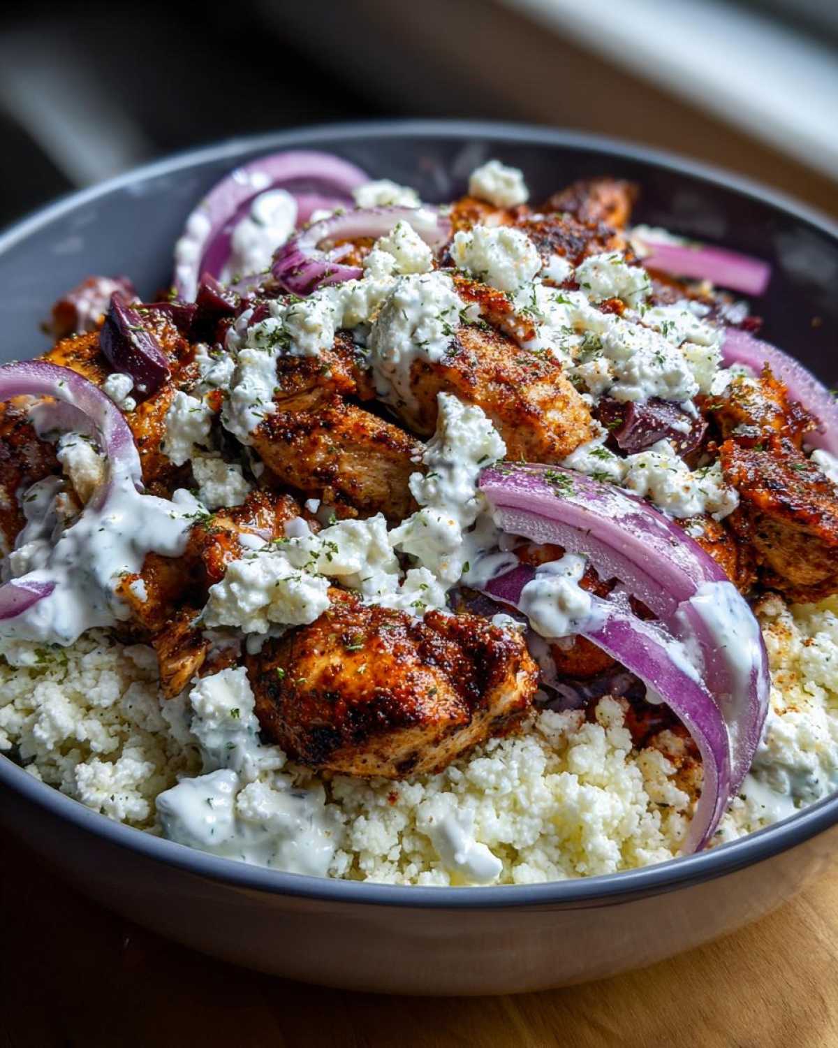 Close-up of a Keto Greek Chicken Bowls with Tzatziki, featuring seasoned chicken, cauliflower rice, feta, and red onion.