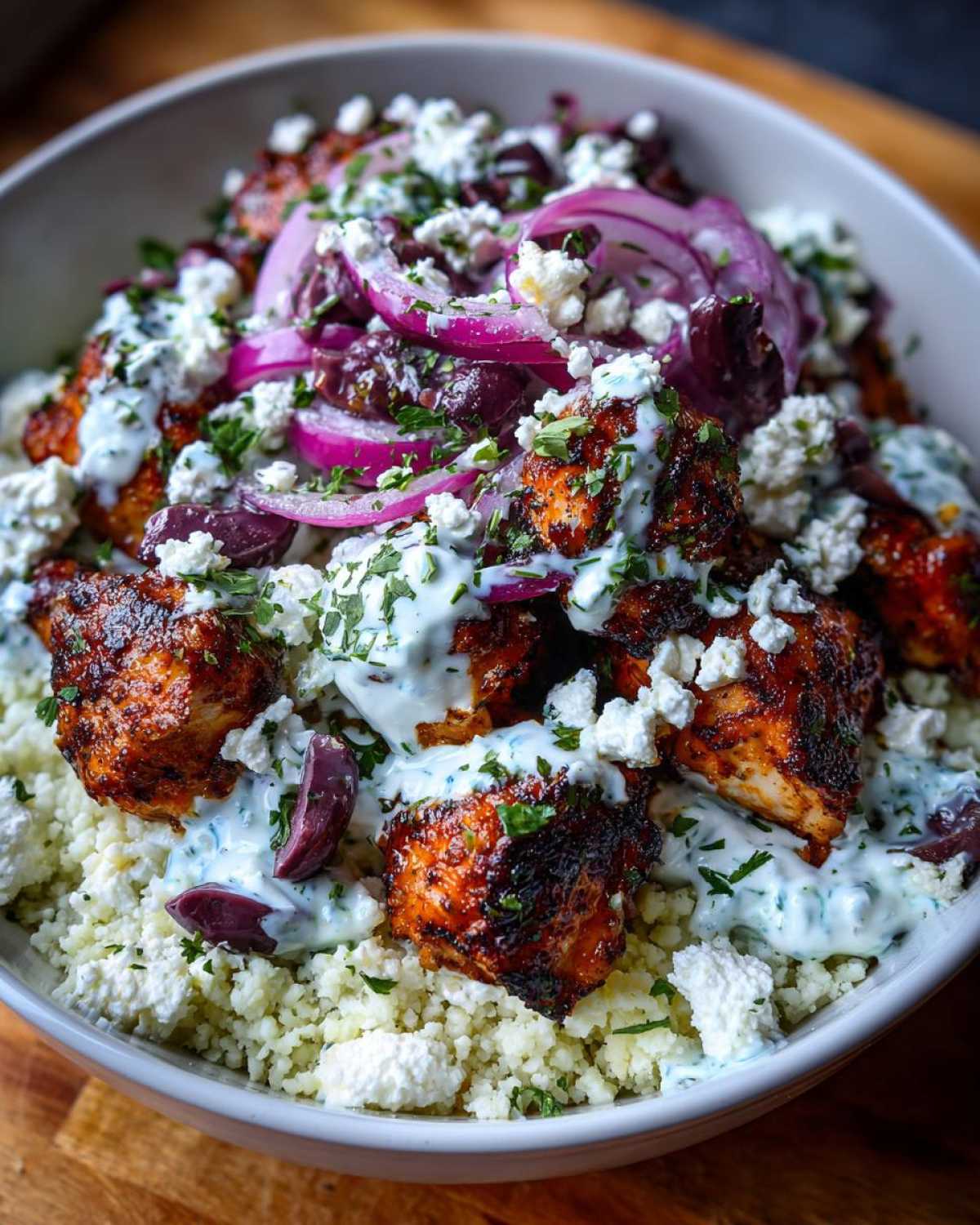 Close-up of Keto Greek Chicken Bowls with Tzatziki, featuring seasoned chicken, cauliflower rice, feta, and red onion.