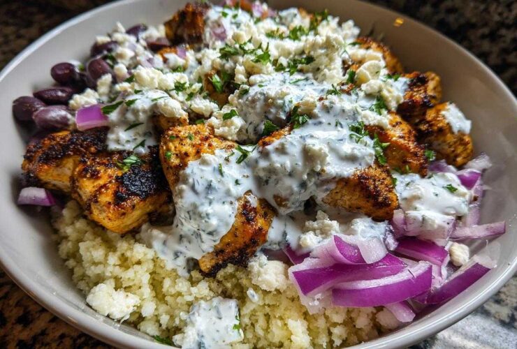 Close-up of Keto Greek Chicken Bowls with Tzatziki, featuring seasoned chicken, cauliflower rice, feta, and red onion.
