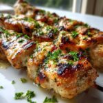 Close-up of juicy, grilled Keto Lemon Garlic Chicken Skewers glistening with marinade and topped with fresh parsley.