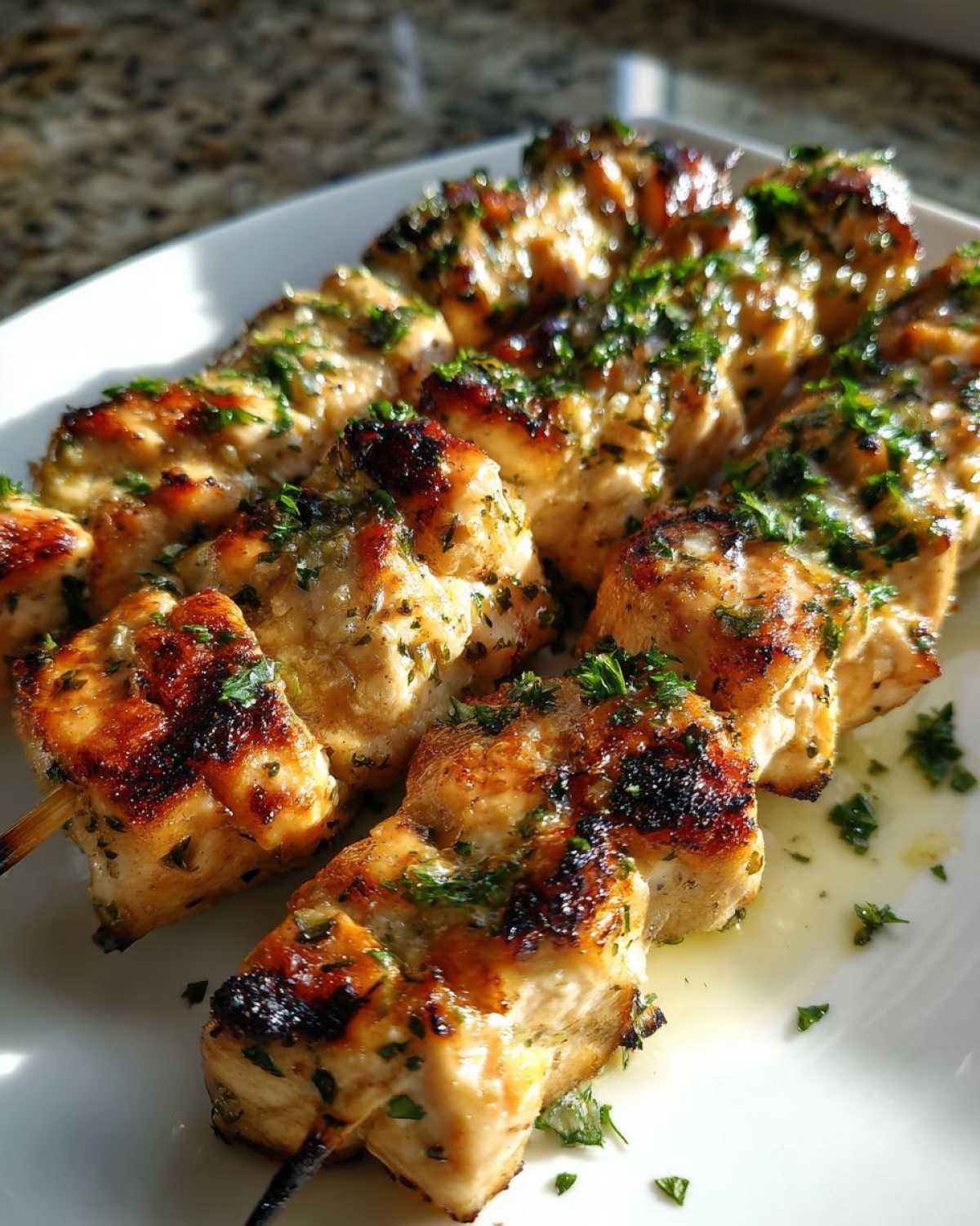 Close-up of perfectly grilled Keto Lemon Garlic Chicken Skewers glistening with marinade and topped with fresh parsley.