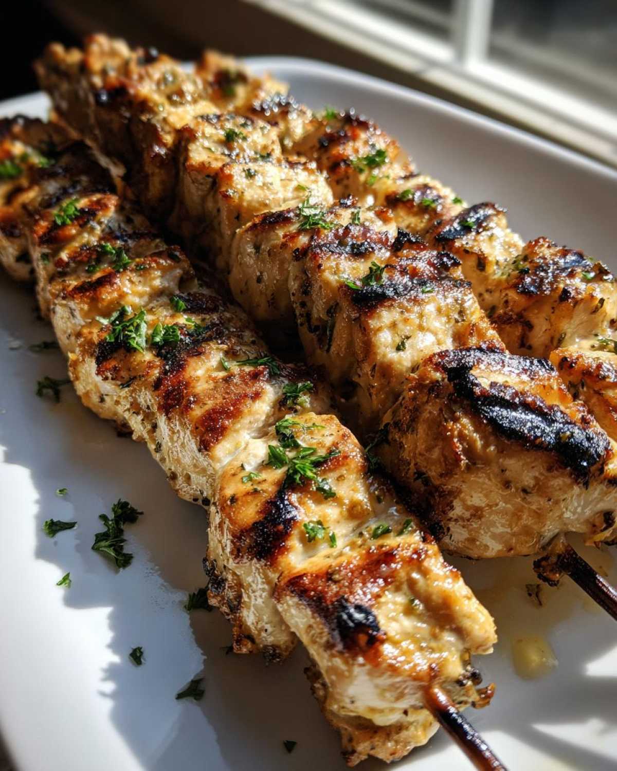 Close-up of perfectly grilled Keto Lemon Garlic Chicken Skewers garnished with fresh parsley on a white platter.