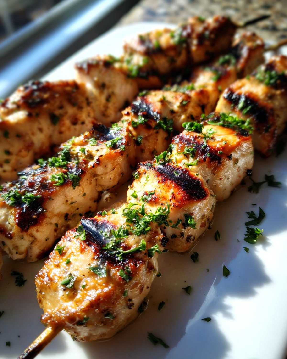 Close-up of grilled Keto Lemon Garlic Chicken Skewers garnished with fresh parsley on a white plate.