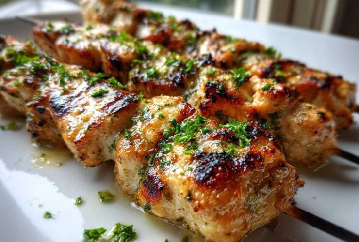 Close-up of juicy, grilled Keto Lemon Garlic Chicken Skewers glistening with marinade and topped with fresh parsley.