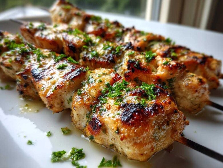 Close-up of juicy, grilled Keto Lemon Garlic Chicken Skewers glistening with marinade and topped with fresh parsley.