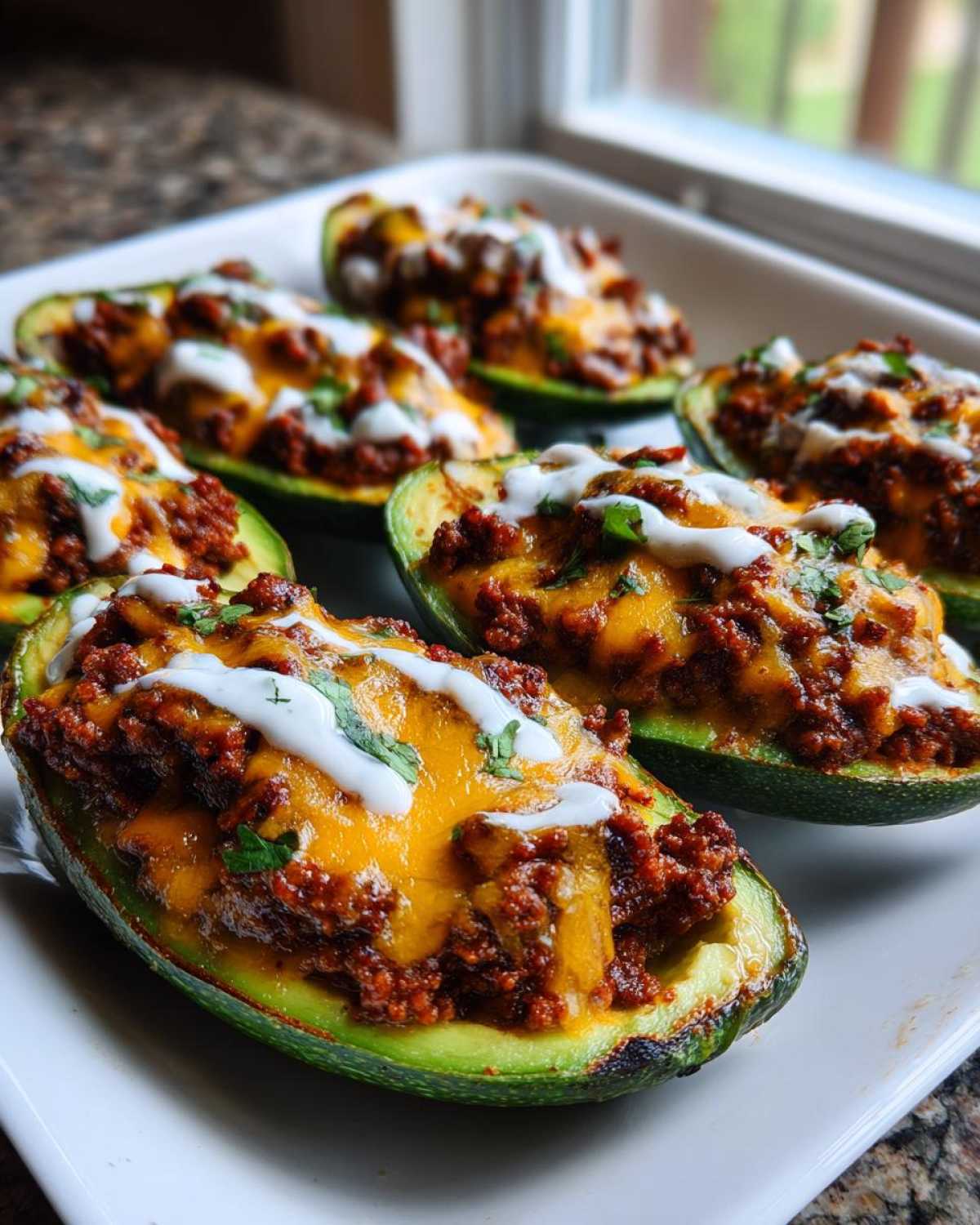 Close-up of baked Keto Taco Stuffed Avocados topped with melted cheese, sour cream, and cilantro.