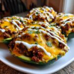 Four halves of Keto Taco Stuffed Avocados topped with seasoned ground meat, melted cheddar cheese, sour cream drizzle, and cilantro.