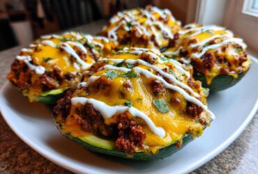 Four halves of Keto Taco Stuffed Avocados topped with seasoned ground meat, melted cheddar cheese, sour cream drizzle, and cilantro.