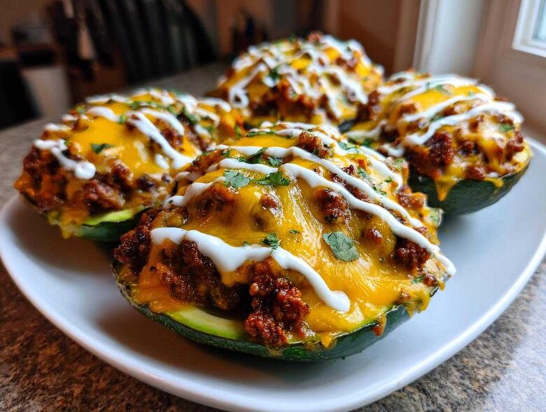 Four halves of Keto Taco Stuffed Avocados topped with seasoned ground meat, melted cheddar cheese, sour cream drizzle, and cilantro.