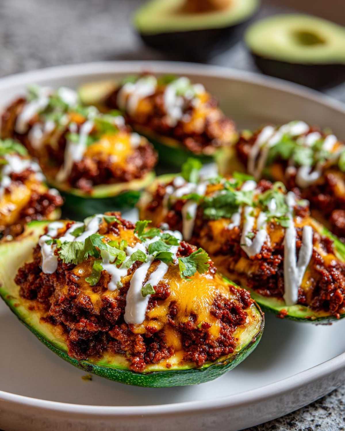 Close-up of baked Keto Taco Stuffed Avocados filled with seasoned ground meat, melted cheese, sour cream drizzle, and cilantro.