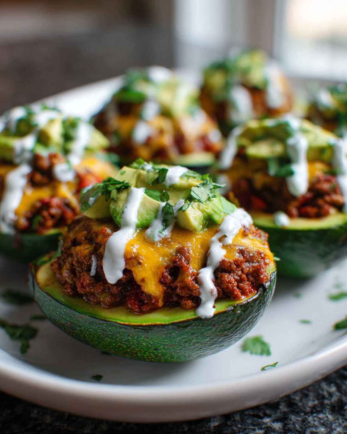 Close-up of Keto Taco Stuffed Avocados filled with seasoned meat, melted cheese, avocado chunks, and sour cream drizzle.