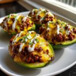 Four halves of Keto Taco Stuffed Avocados filled with seasoned meat, melted cheese, and sour cream drizzle.