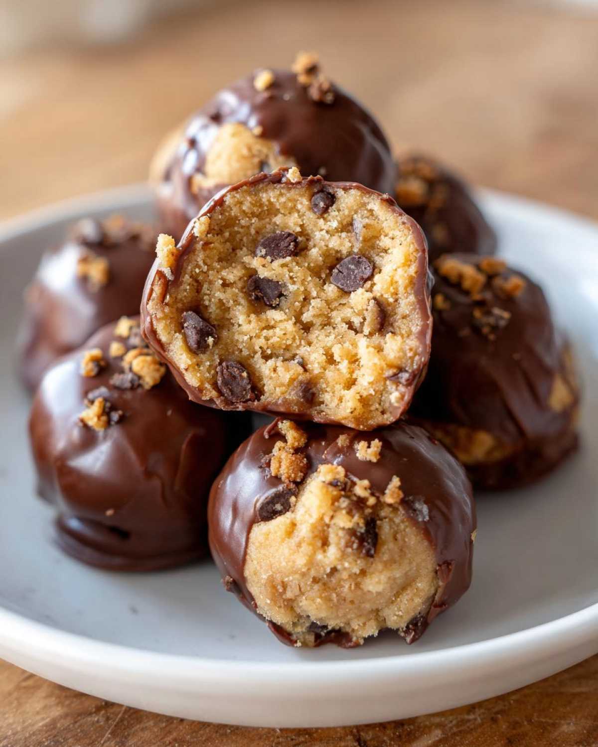 Close-up of No-Bake Chocolate Chip Cookie Dough Truffles, one cut in half showing the dough interior.