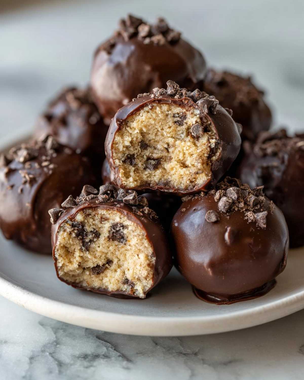 Close-up of No-Bake Chocolate Chip Cookie Dough Truffles, one cut in half showing the dough interior.
