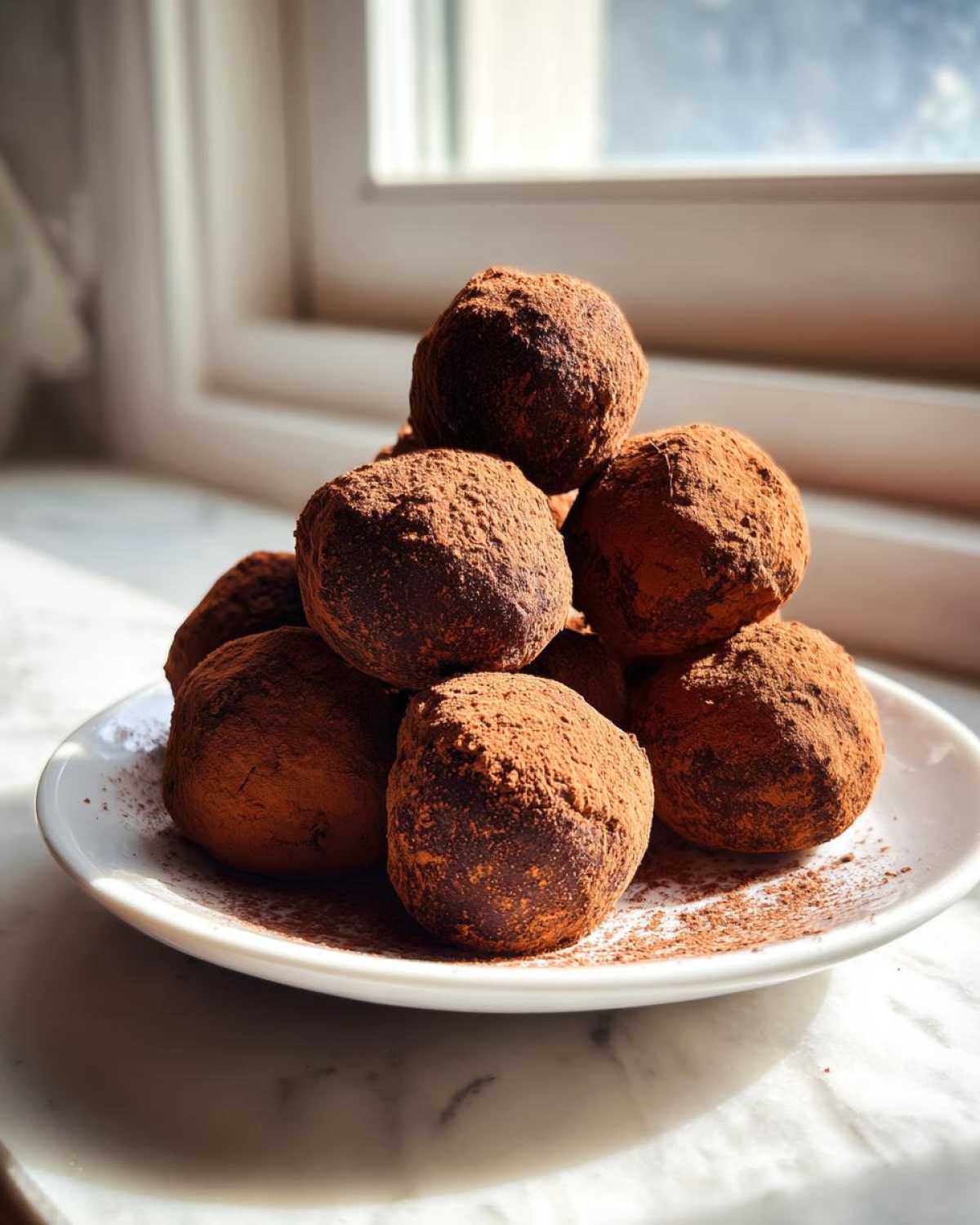 A mound of rich No-Bake Chocolate Orange Truffles heavily dusted with cocoa powder, resting on a white plate.