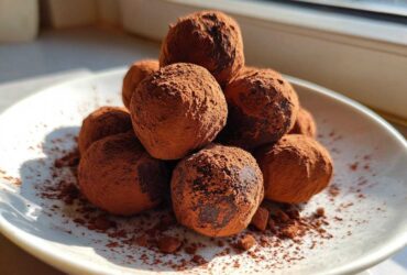 A stack of rich, dark No-Bake Chocolate Orange Truffles heavily dusted with cocoa powder on a white plate.