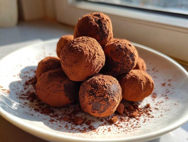 A stack of rich, dark No-Bake Chocolate Orange Truffles heavily dusted with cocoa powder on a white plate.