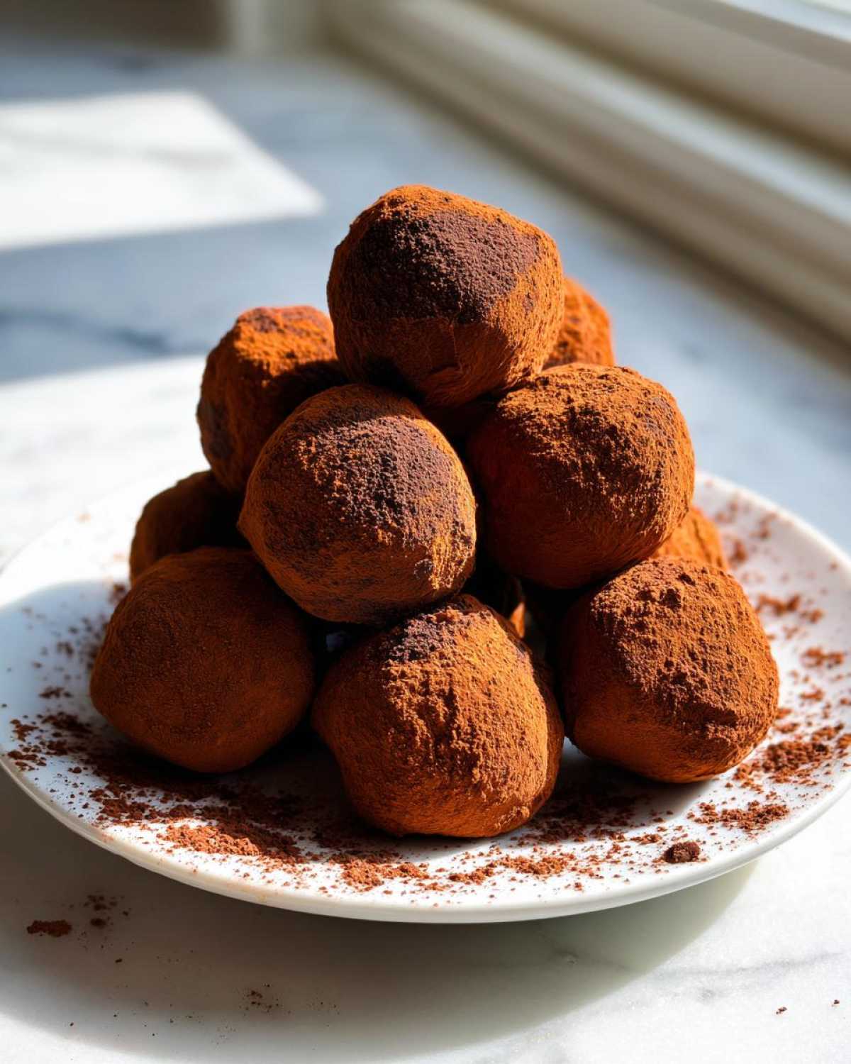 A mound of rich No-Bake Chocolate Orange Truffles heavily dusted with cocoa powder on a white plate.