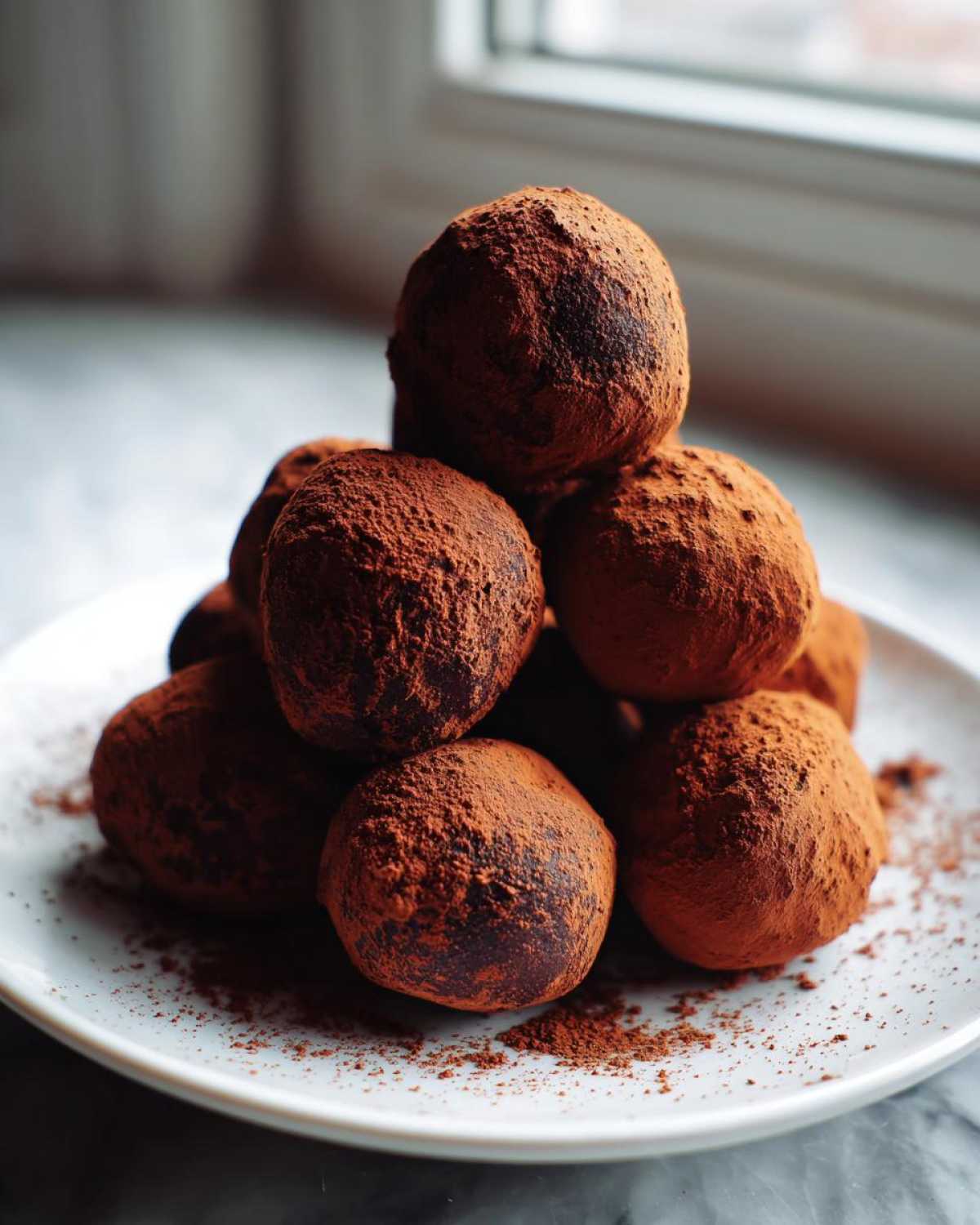 A stack of rich, dark No-Bake Chocolate Orange Truffles heavily dusted with cocoa powder on a white plate.