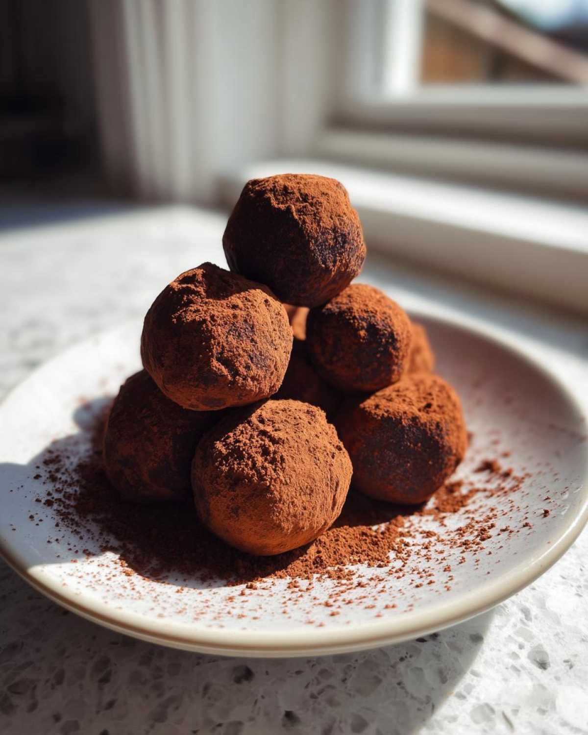 A stack of rich, dark No-Bake Chocolate Orange Truffles heavily dusted with cocoa powder on a white plate.