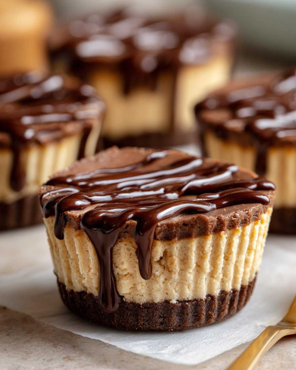 A close-up of a single No-Bake Chocolate Peanut Butter Cheesecake Cup topped with rich chocolate ganache drizzle.