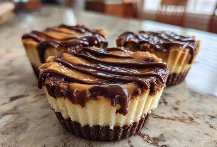 Three decadent No-Bake Chocolate Peanut Butter Cheesecake Cups topped with peanut butter and chocolate drizzle.