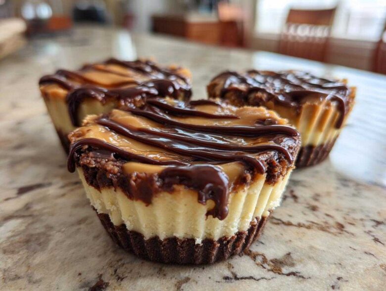 Three decadent No-Bake Chocolate Peanut Butter Cheesecake Cups topped with peanut butter and chocolate drizzle.