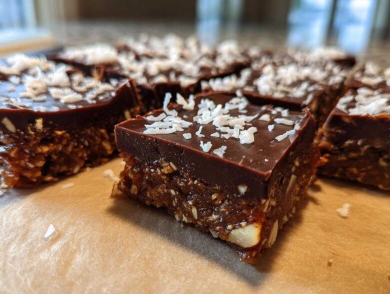 Close-up of fudgy No-Bake Coconut Chocolate Date Bars topped with shredded coconut.