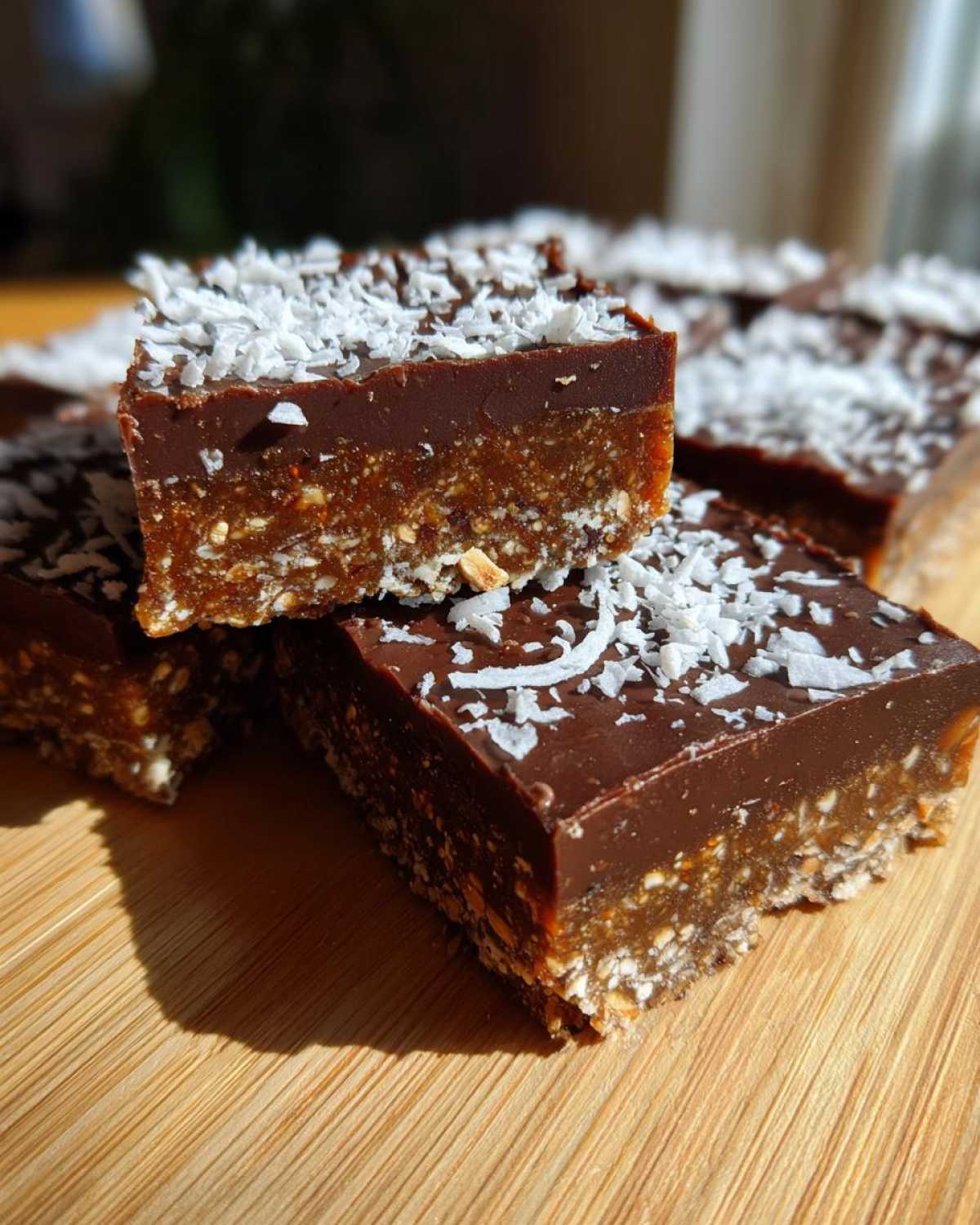 Close-up of fudgy No-Bake Coconut Chocolate Date Bars topped with shredded coconut on a wooden board.