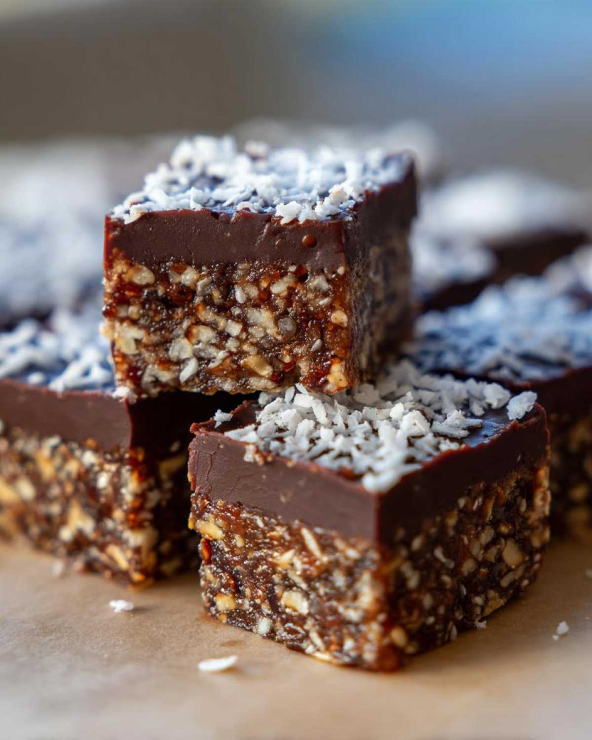Close-up stack of fudgy No-Bake Coconut Chocolate Date Bars topped with shredded coconut.