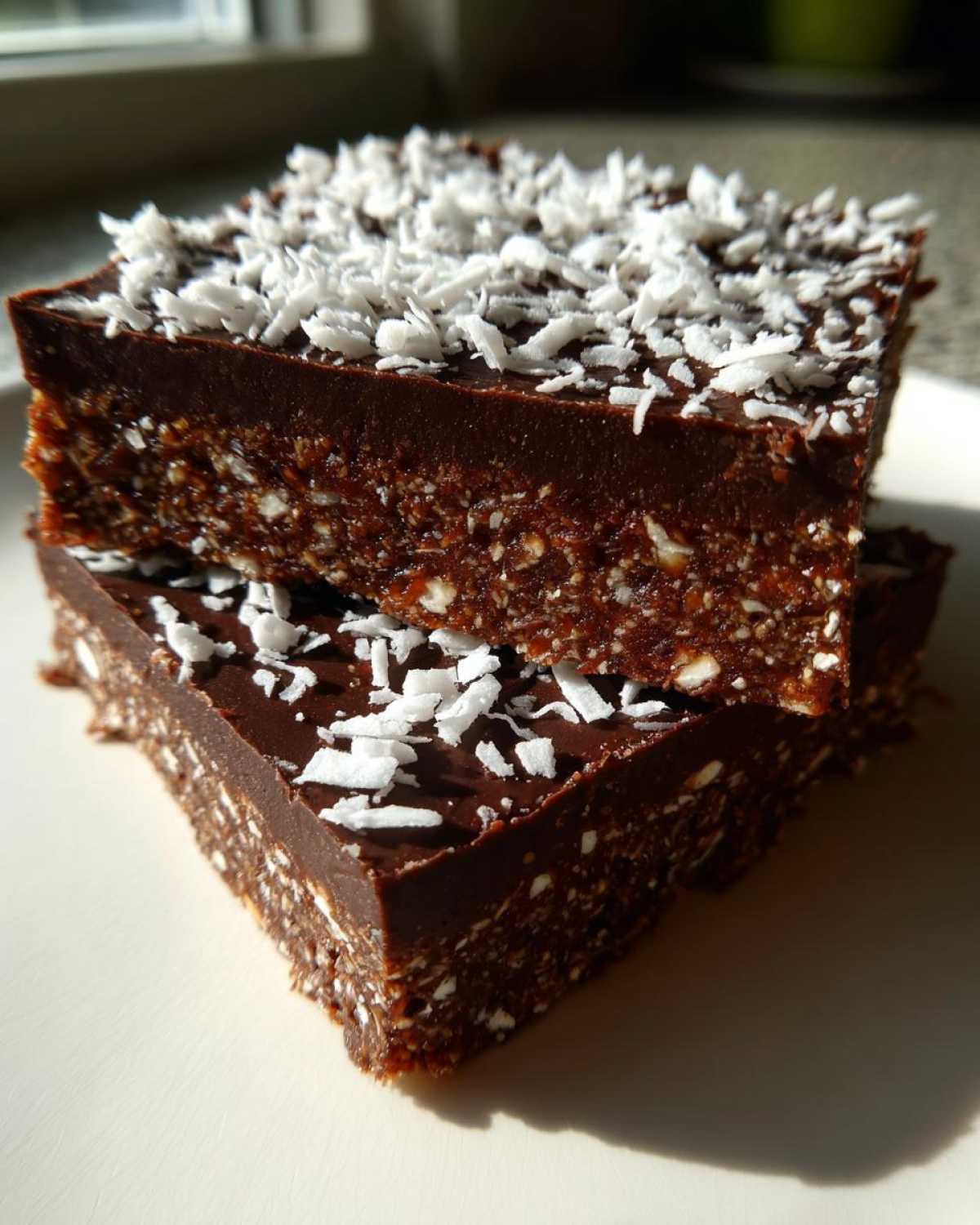 Two stacked No-Bake Coconut Chocolate Date Bars topped with shredded coconut flakes.
