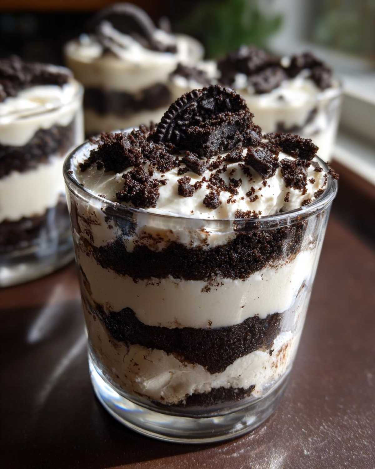 A close-up of a layered No-Bake Cookies and Cream Pie Cup topped with crushed cookies and a whole cookie.