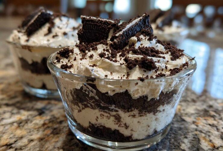 Two glass cups filled with layered No-Bake Cookies and Cream Pie Cups, topped with whipped cream and cookie crumbles.