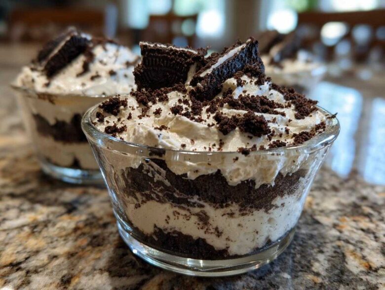 Two glass cups filled with layered No-Bake Cookies and Cream Pie Cups, topped with whipped cream and cookie crumbles.
