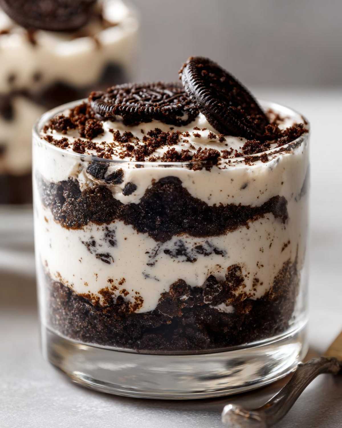 Close-up of a layered No-Bake Cookies and Cream Pie Cups dessert in a glass, topped with cookie crumbs and a whole cookie.
