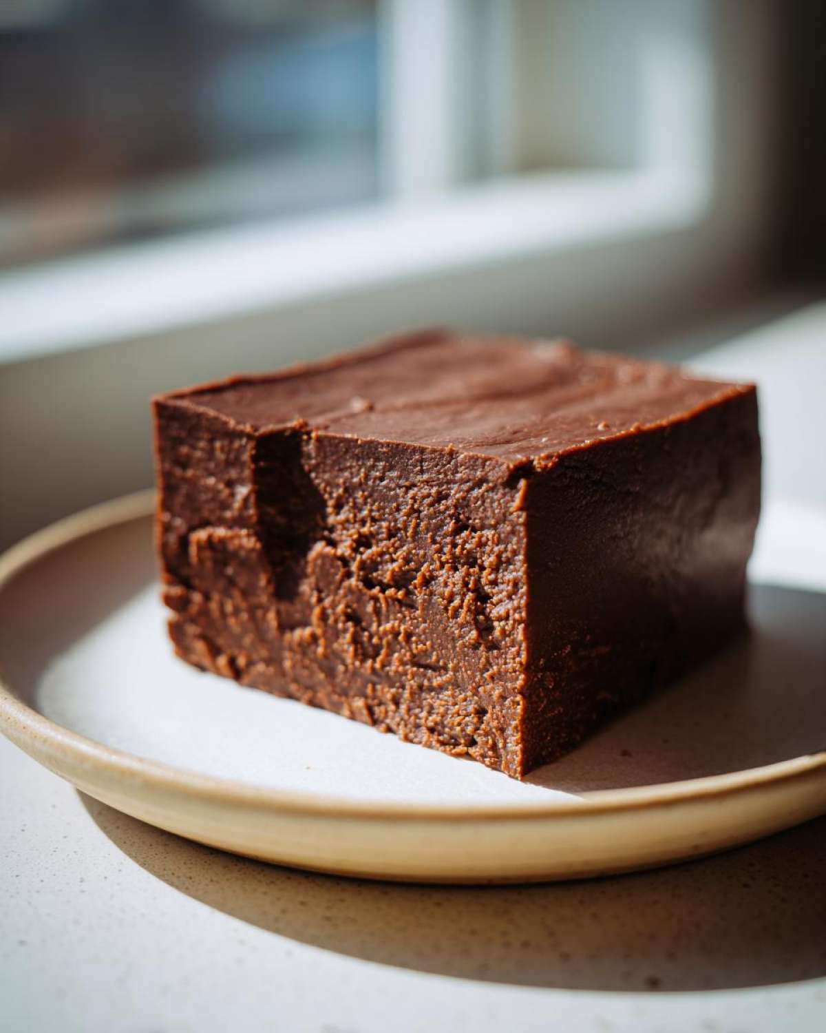 A thick, dark chocolate square of No-Bake Espresso Chocolate Fudge Squares resting on a light ceramic plate.