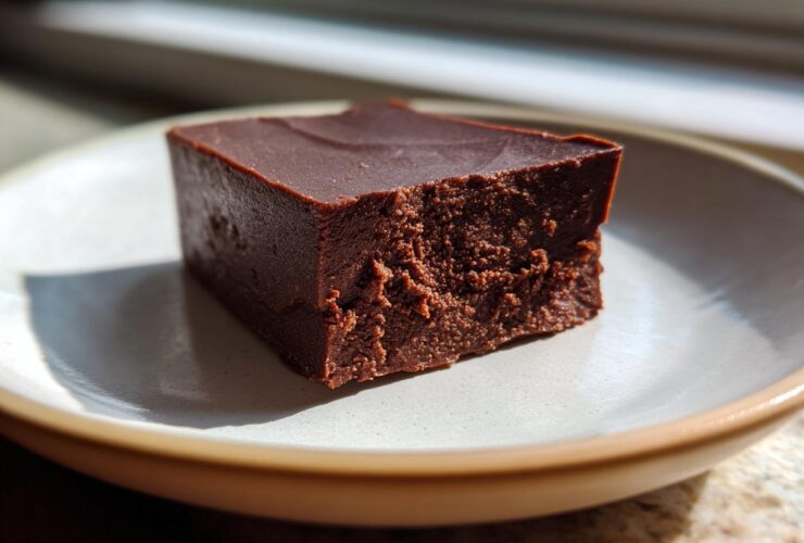 A single, thick square of rich, dark No-Bake Espresso Chocolate Fudge on a light ceramic plate.