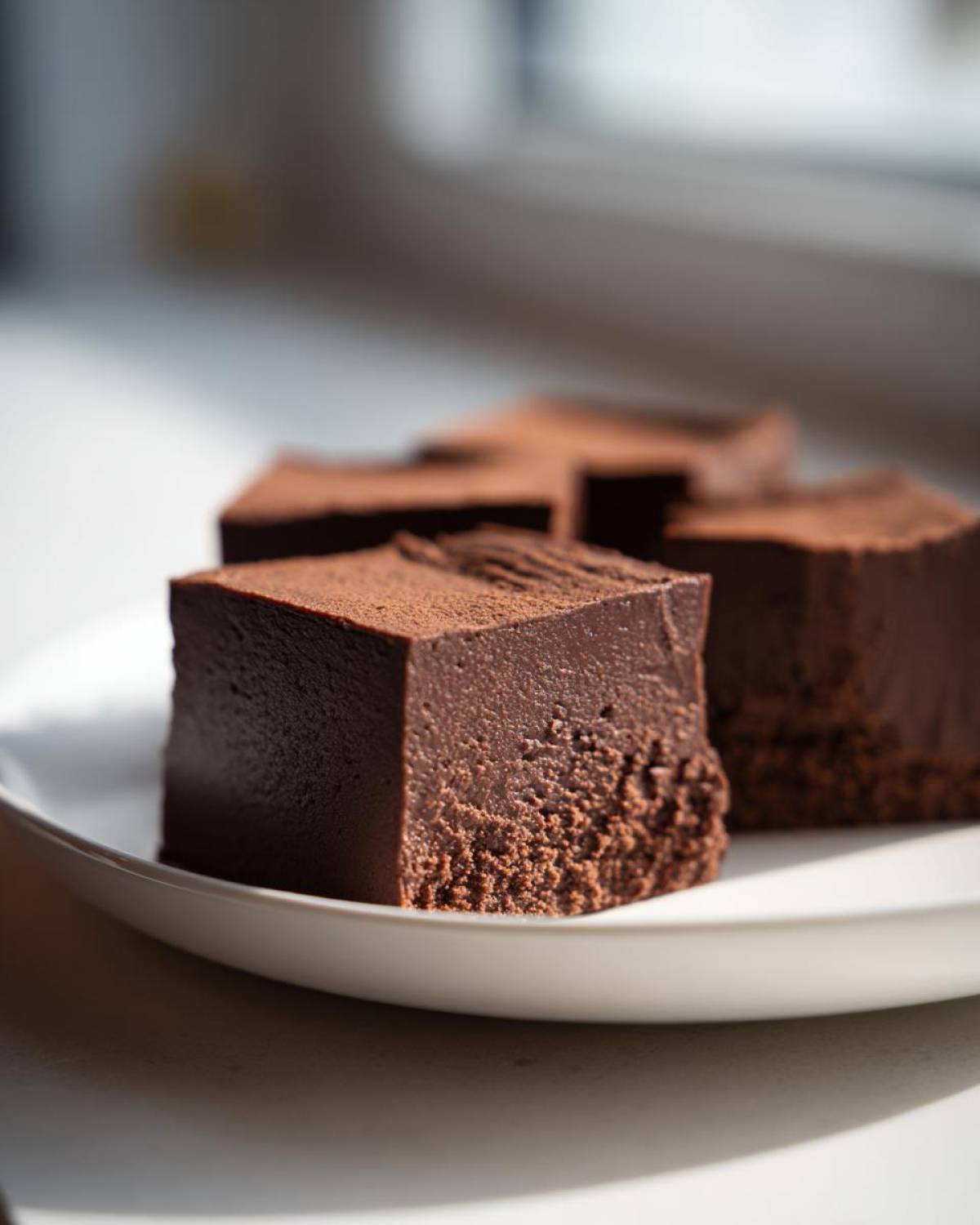 A rich, dark square of No-Bake Espresso Chocolate Fudge Squares dusted with cocoa powder on a white plate.