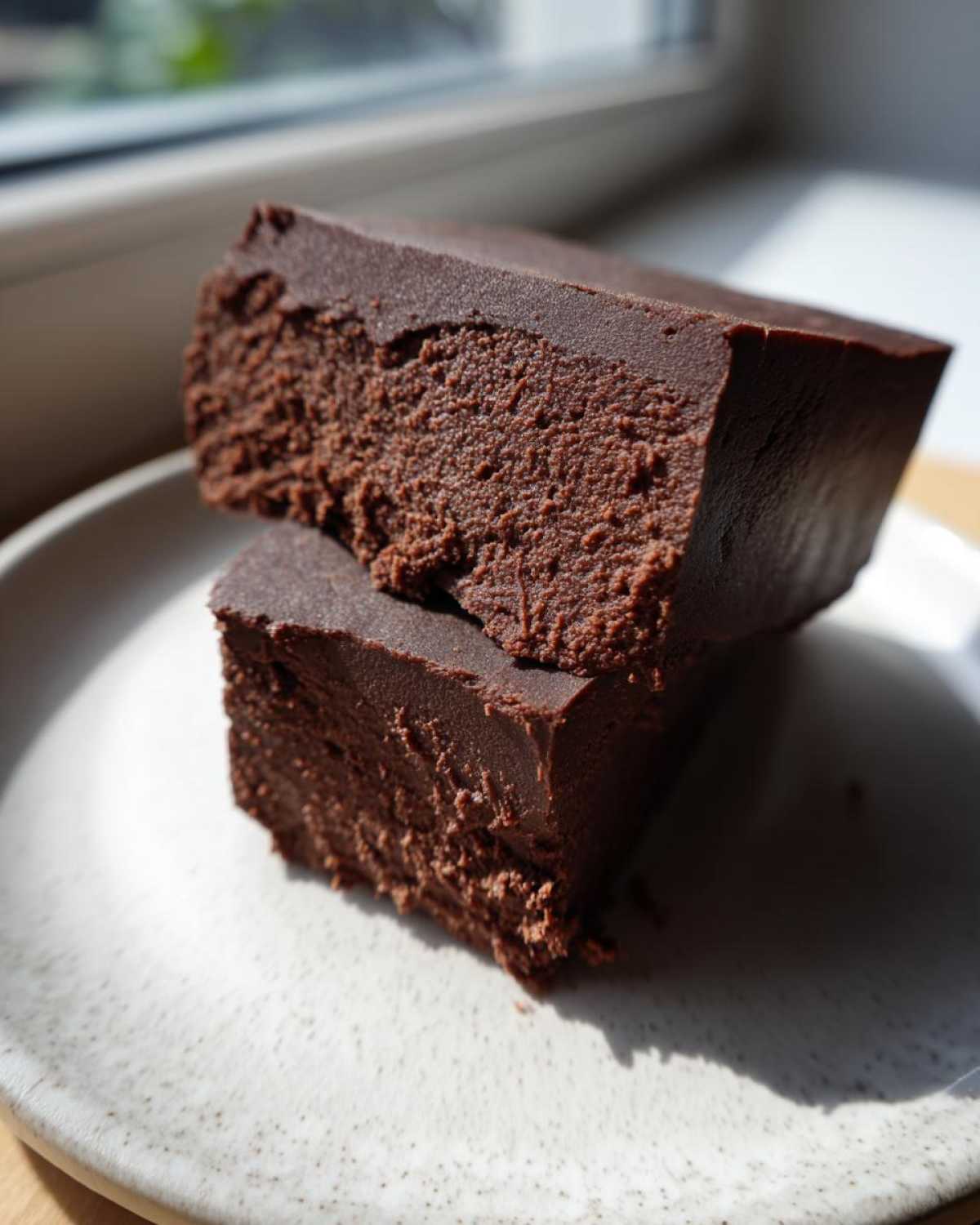 Two rich, dark squares of No-Bake Espresso Chocolate Fudge Squares stacked on a speckled white plate.