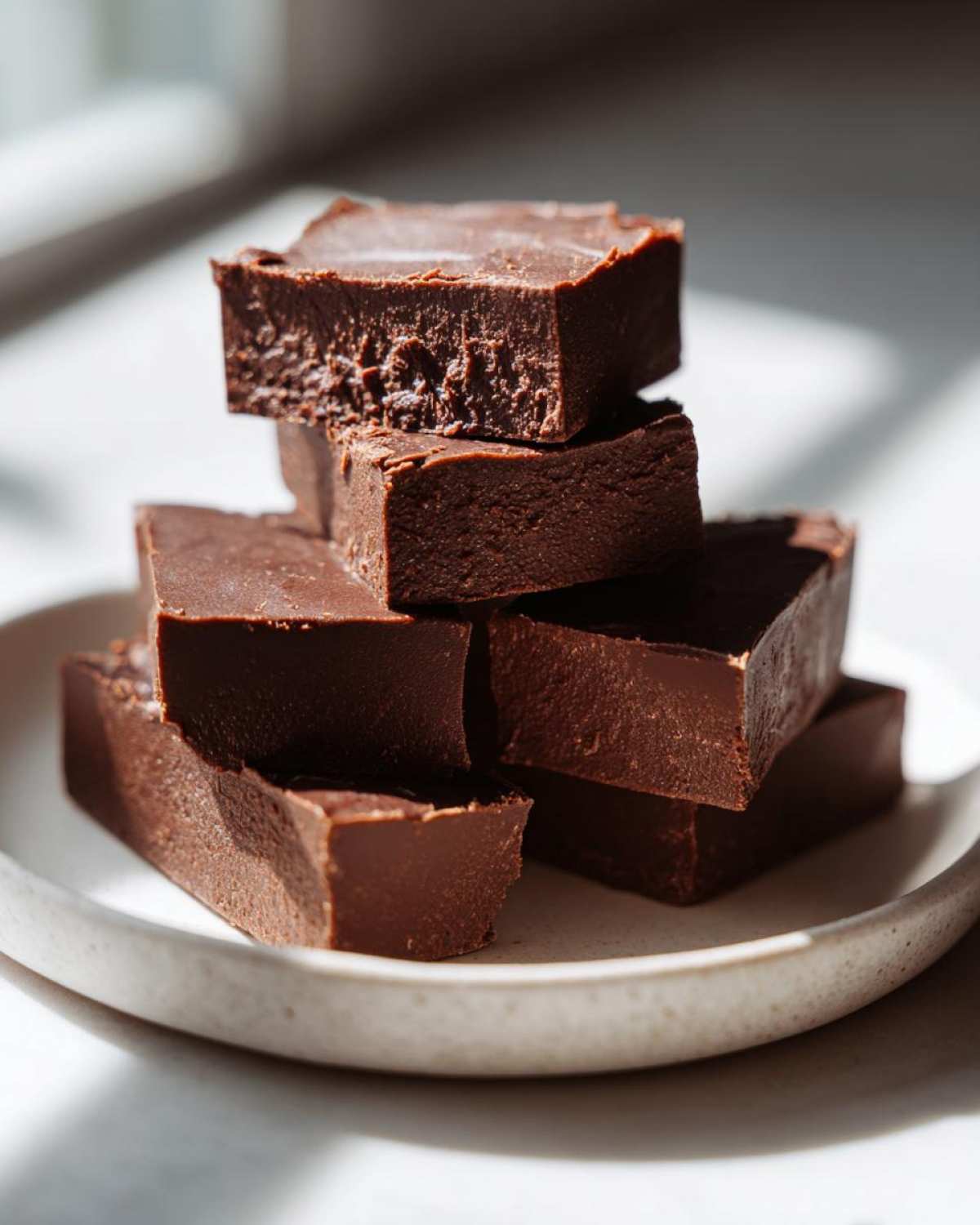 A stack of rich, dark No-Bake Espresso Chocolate Fudge Squares resting on a light ceramic plate.