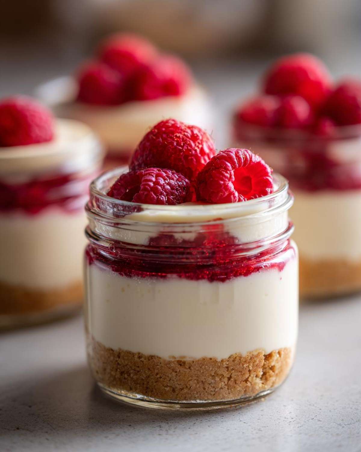 A close-up of a No-Bake Raspberry White Chocolate Cheesecake Jar topped with fresh raspberries.