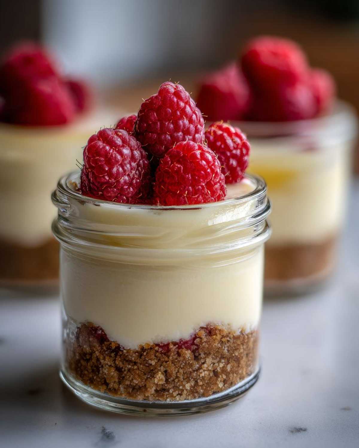 Close-up of a No-Bake Raspberry White Chocolate Cheesecake Jar topped with fresh raspberries.