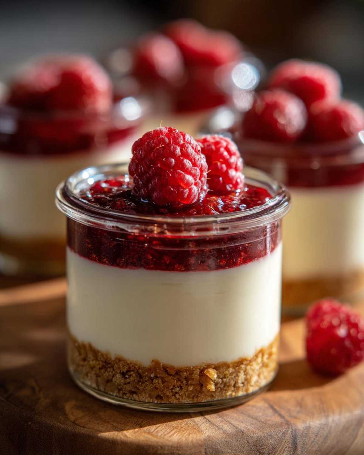Close-up of a No-Bake Raspberry White Chocolate Cheesecake Jar with fresh raspberries on top.