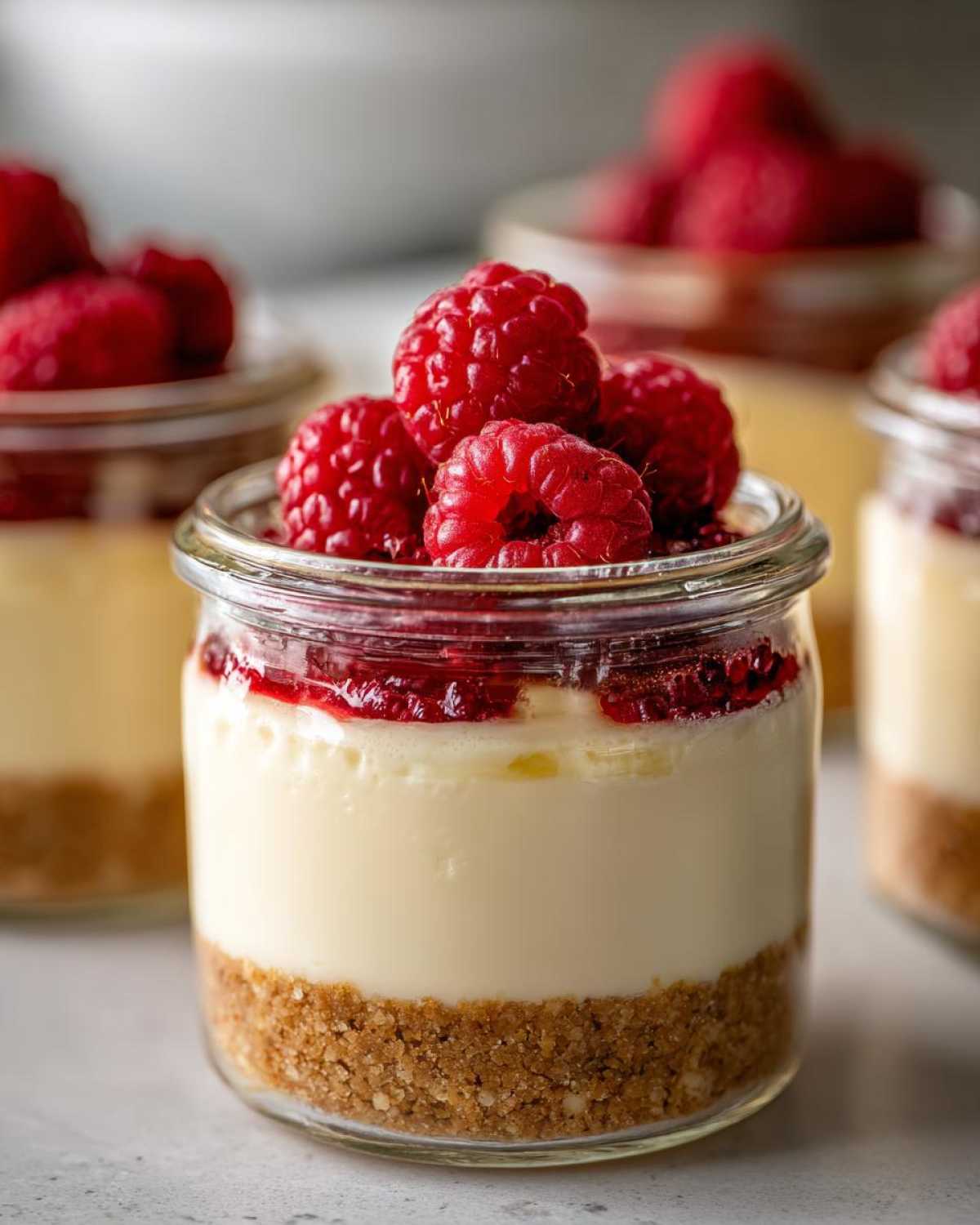 Close-up of a No-Bake Raspberry White Chocolate Cheesecake Jar topped with fresh raspberries.